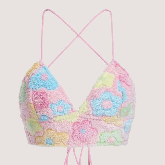 Super Cute Fuzzy Floral Halter Top SMALL - Picture 3 of 4